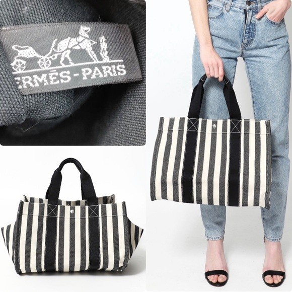 HERMES Striped 'Cannes' large Tote Fourre-tout bag + attached Hermès case - Picture 16 of 16